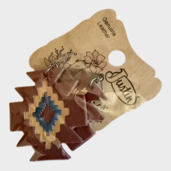 Western Earrings- Justin Boots, Brown, Blue, Cream Geometric - Picture 3 of 3